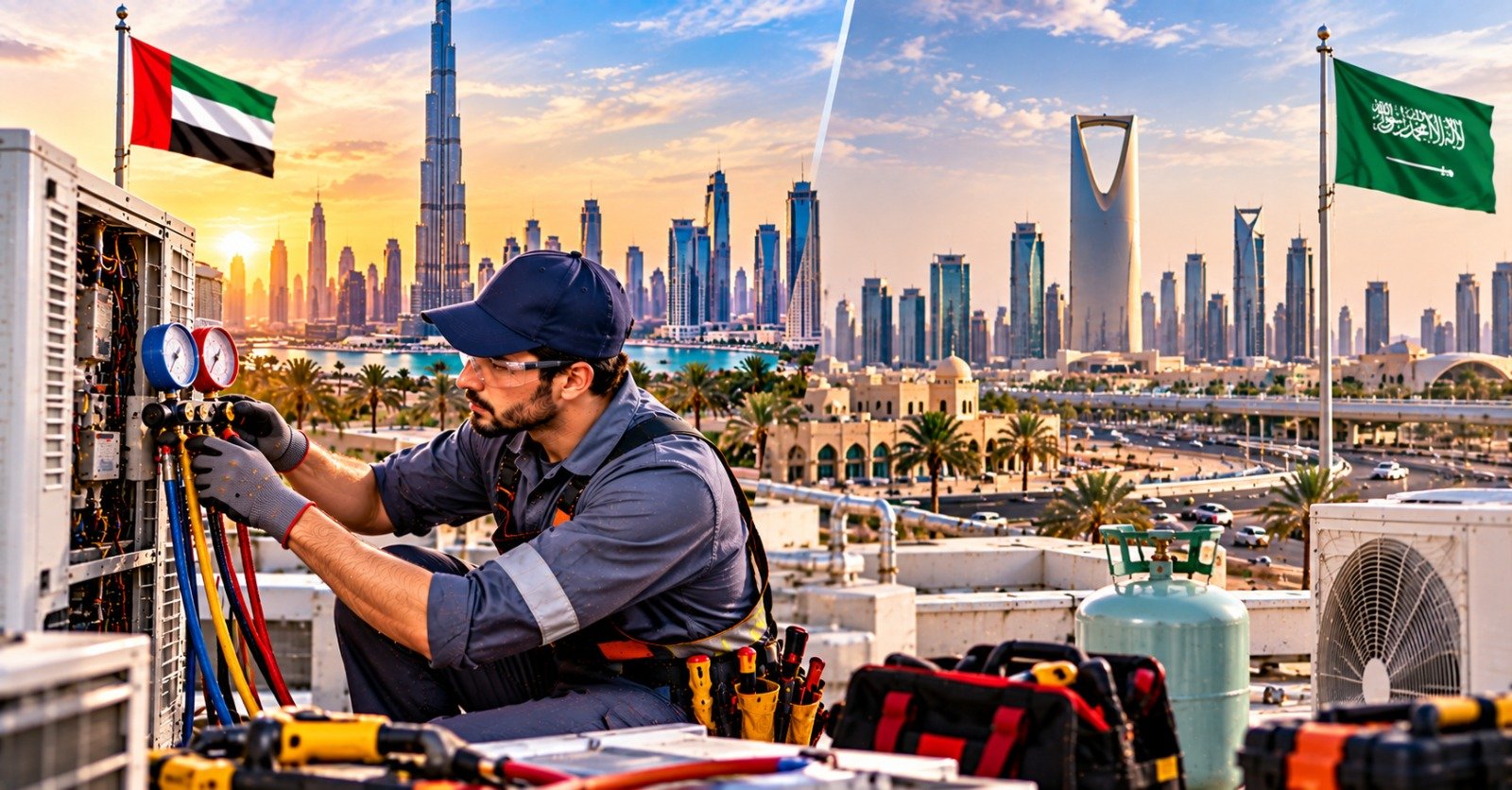 An AC technician in a navy cap connecting refrigerant gauges to a rooftop unit, with the Dubai skyline and Riyadh's Kingdom Centre behind him and the UAE and Saudi flags