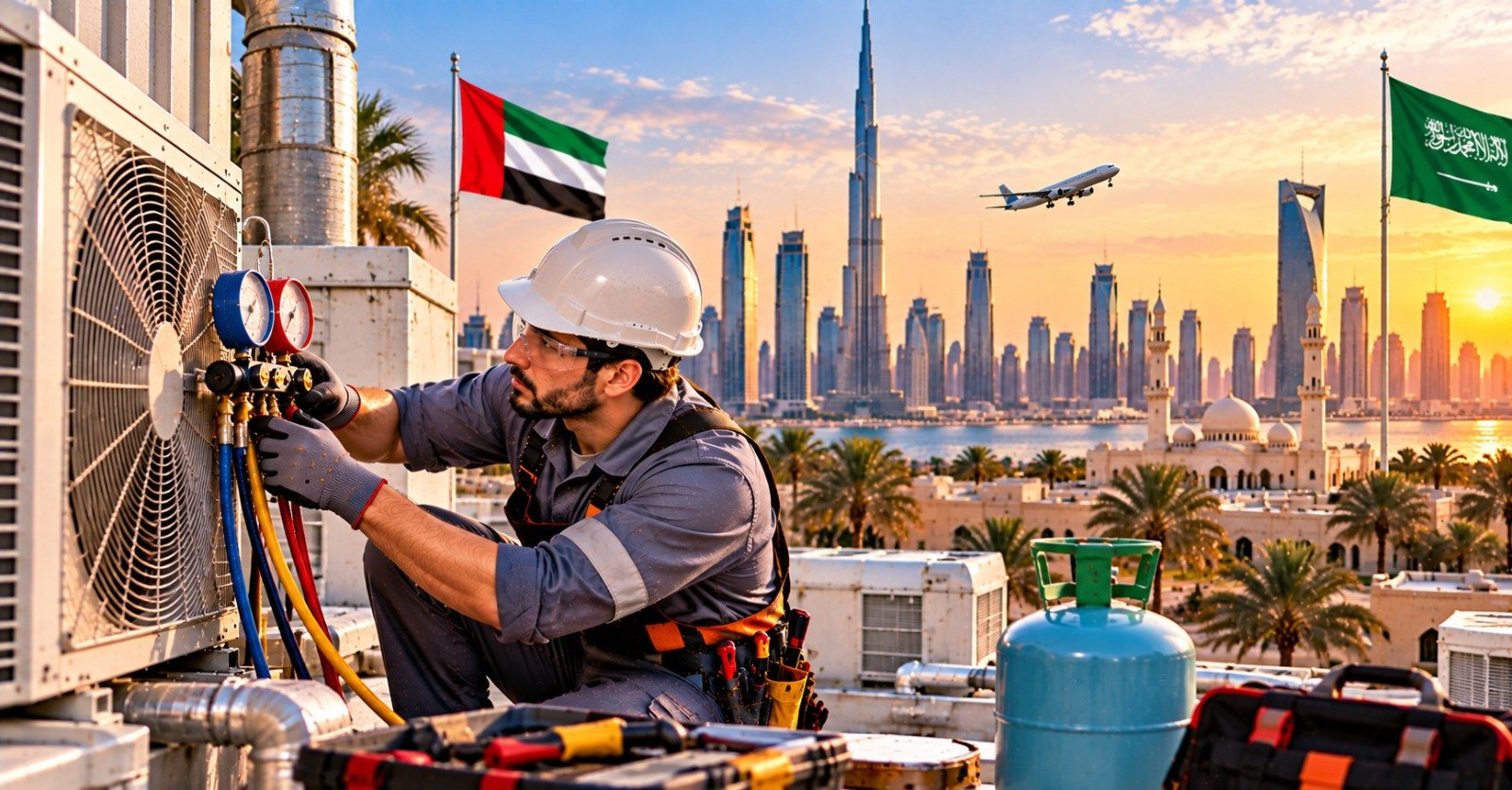 An AC technician in a white hard hat checking pressures on a rooftop condenser, with a refrigerant cylinder beside him and the Dubai and Riyadh skylines at sunset