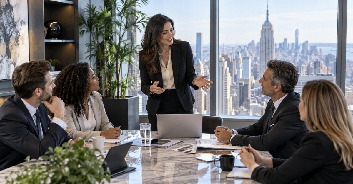An account manager presenting to colleagues around a boardroom table with a city skyline behind her