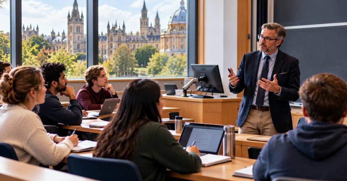 A practitioner teaching a seminar group at a UK university in the evening