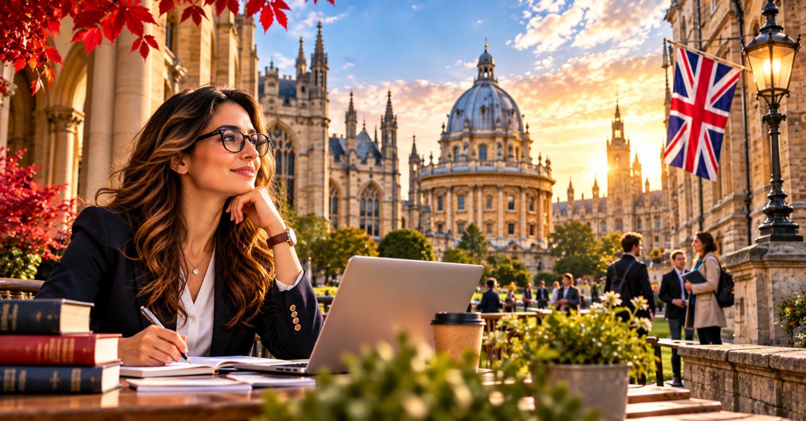 A postgraduate working at a laptop with reference books open on a university campus, weighing up the qualifications an adjunct teaching post requires