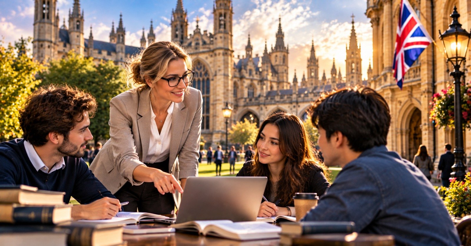 An hourly-paid lecturer teaching a small tutorial group outdoors at a British university, the paid equivalent of a US adjunct post