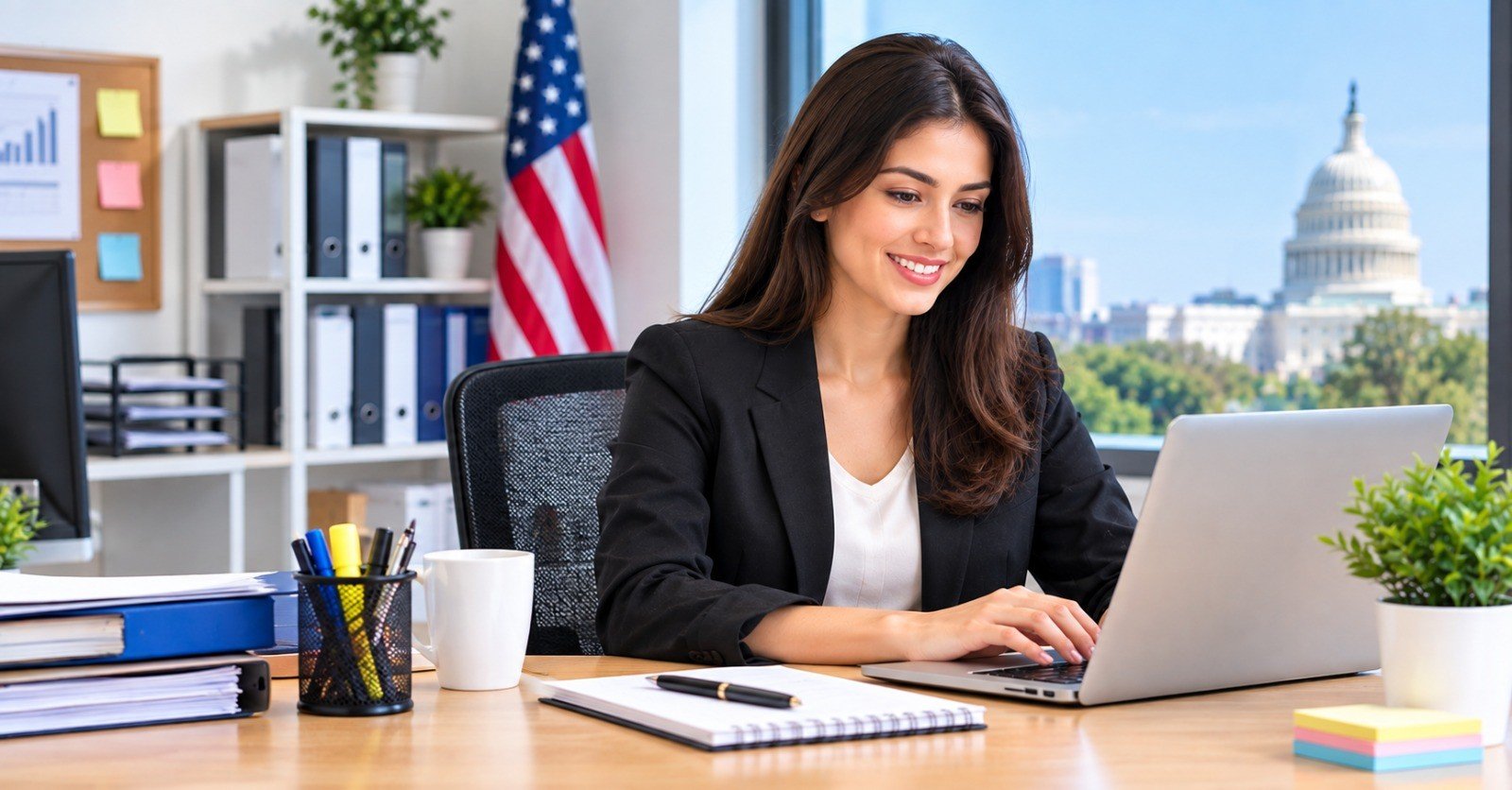 An administrative assistant working on a laptop at an office desk with the US Capitol visible through the window