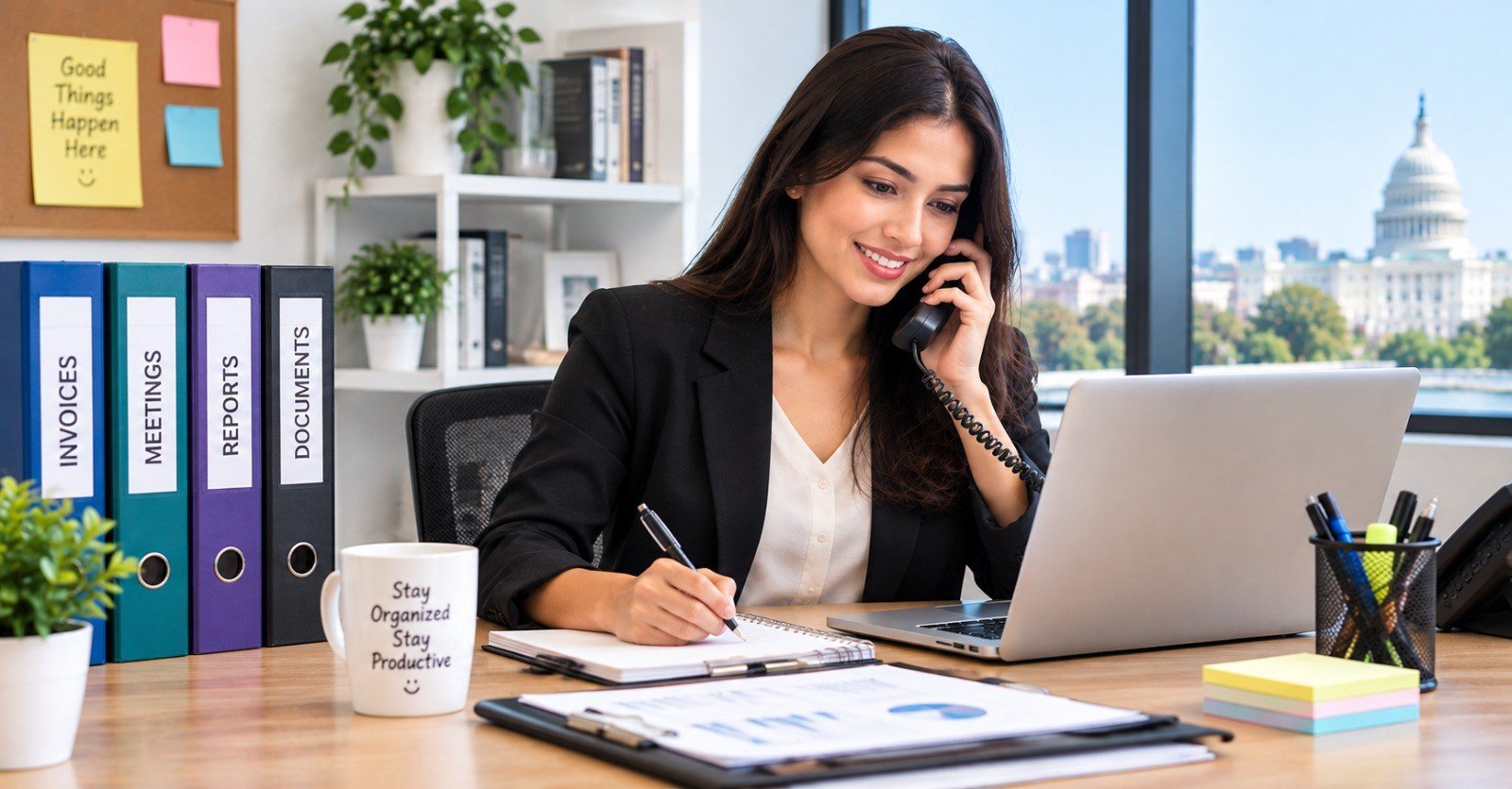 An administrative assistant taking notes during a phone call beside labelled office binders