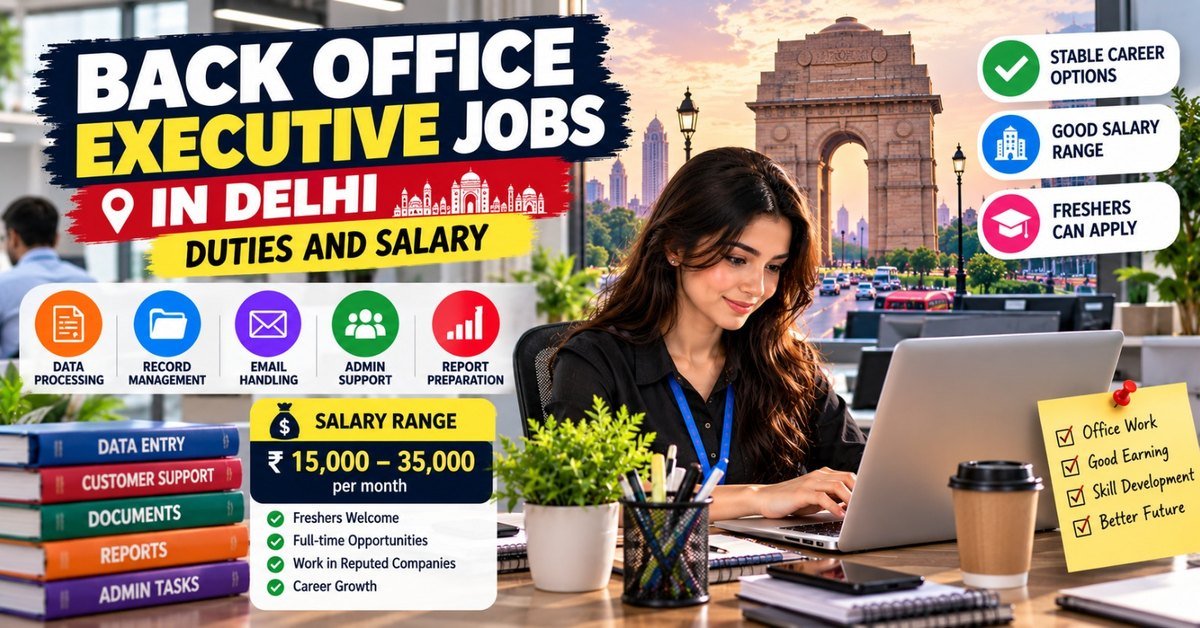 A young woman working at a laptop in a Delhi office with India Gate behind her, under the words Back Office Executive Jobs in Delhi, Duties and Salary
