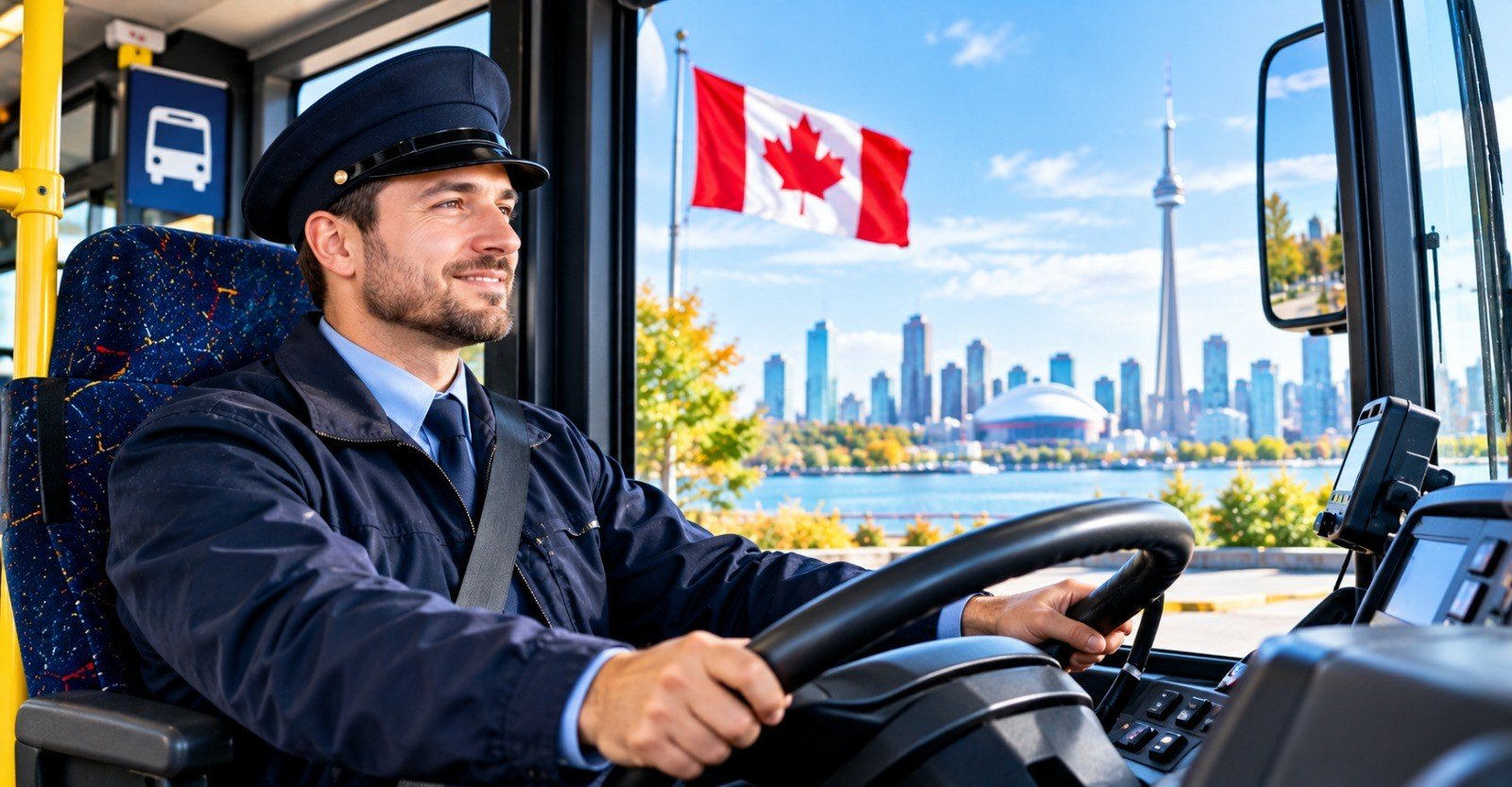 A bus driver in a navy uniform and cap driving a bus, with the Canadian flag and the Toronto waterfront through the windscreen