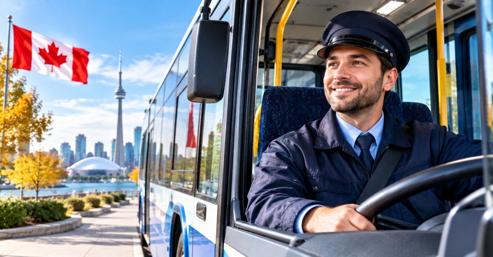 A smiling bus driver in a uniform and cap at the wheel of a city bus, with the CN Tower and Toronto skyline behind