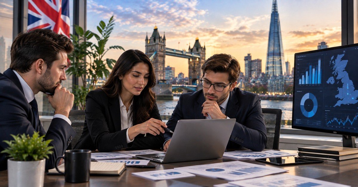 Three colleagues reviewing analysis on a laptop in a London office with Tower Bridge behind them