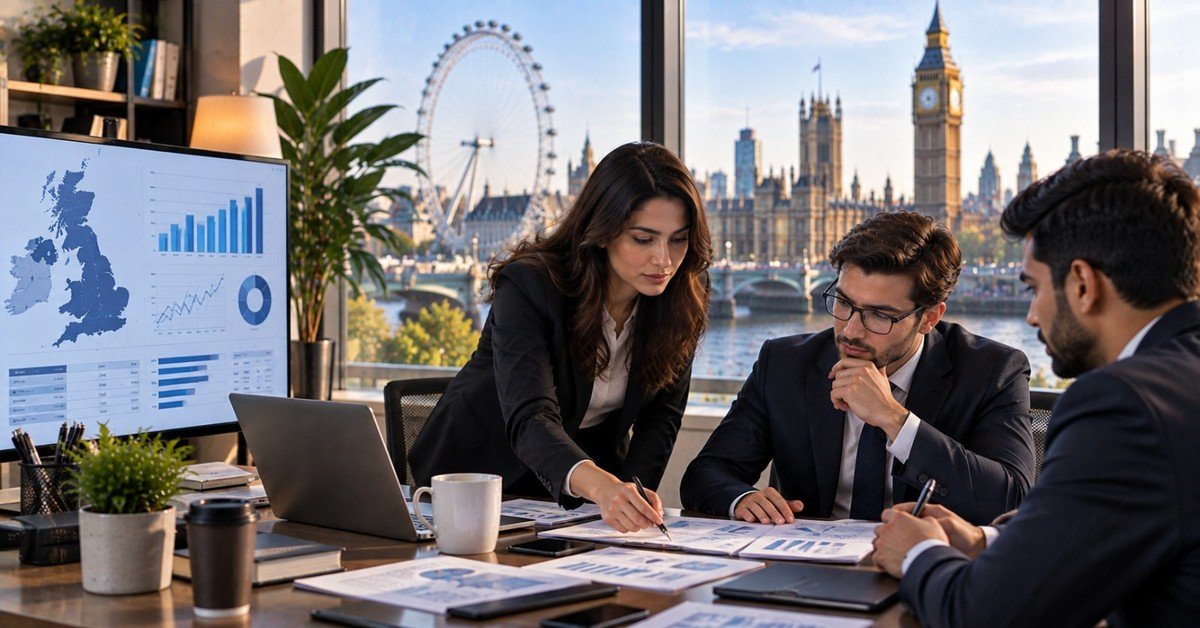 A business analyst walking colleagues through dashboards on a screen in a London office overlooking the river