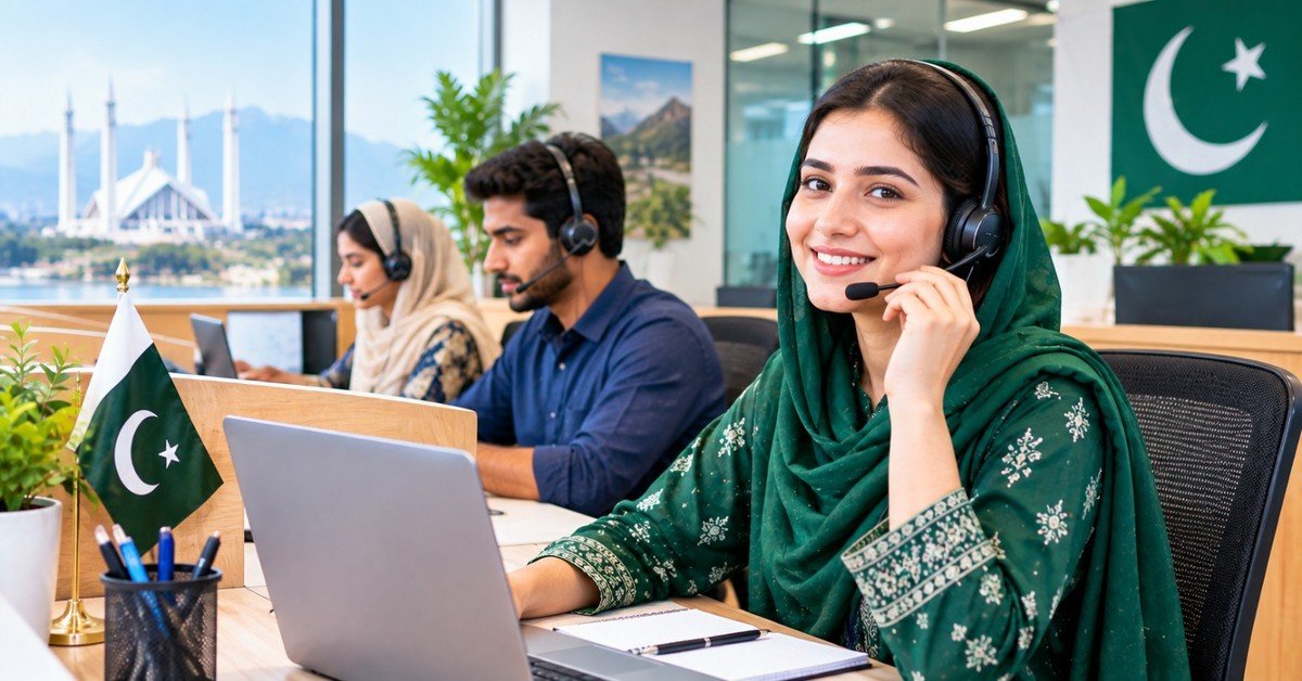 Pakistani call centre agents in headsets working at laptops in a bright office, Faisal Mosque and a Pakistan flag visible through the window