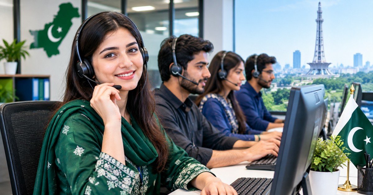 A row of Pakistani call centre agents wearing headsets at their computers, a woman in a green shalwar kameez in front, Minar-e-Pakistan and a Pakistan flag visible in the office