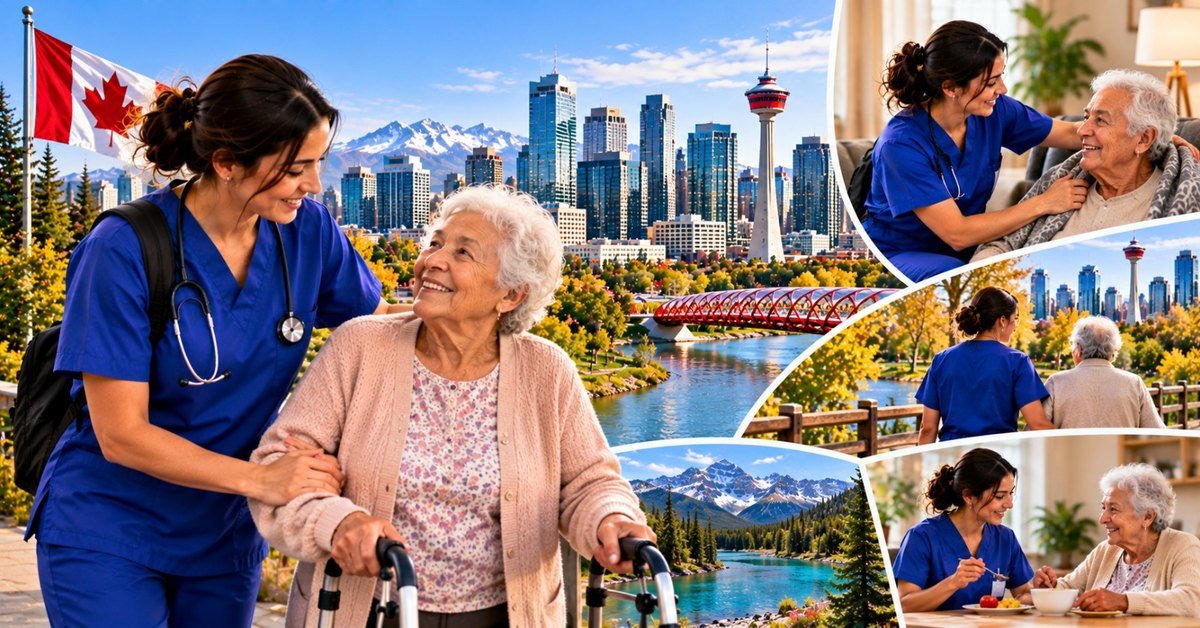 A caregiver in navy scrubs helping an elderly woman with a walker by the Bow River, with the Calgary skyline and Rocky Mountains behind