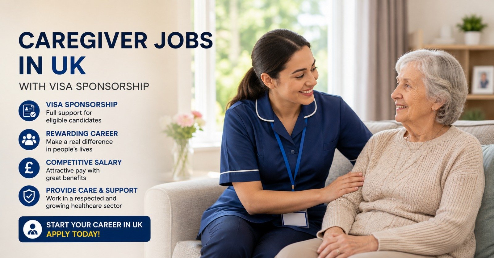 Care worker supporting an elderly woman at home — caregiver jobs in UK with visa sponsorship
