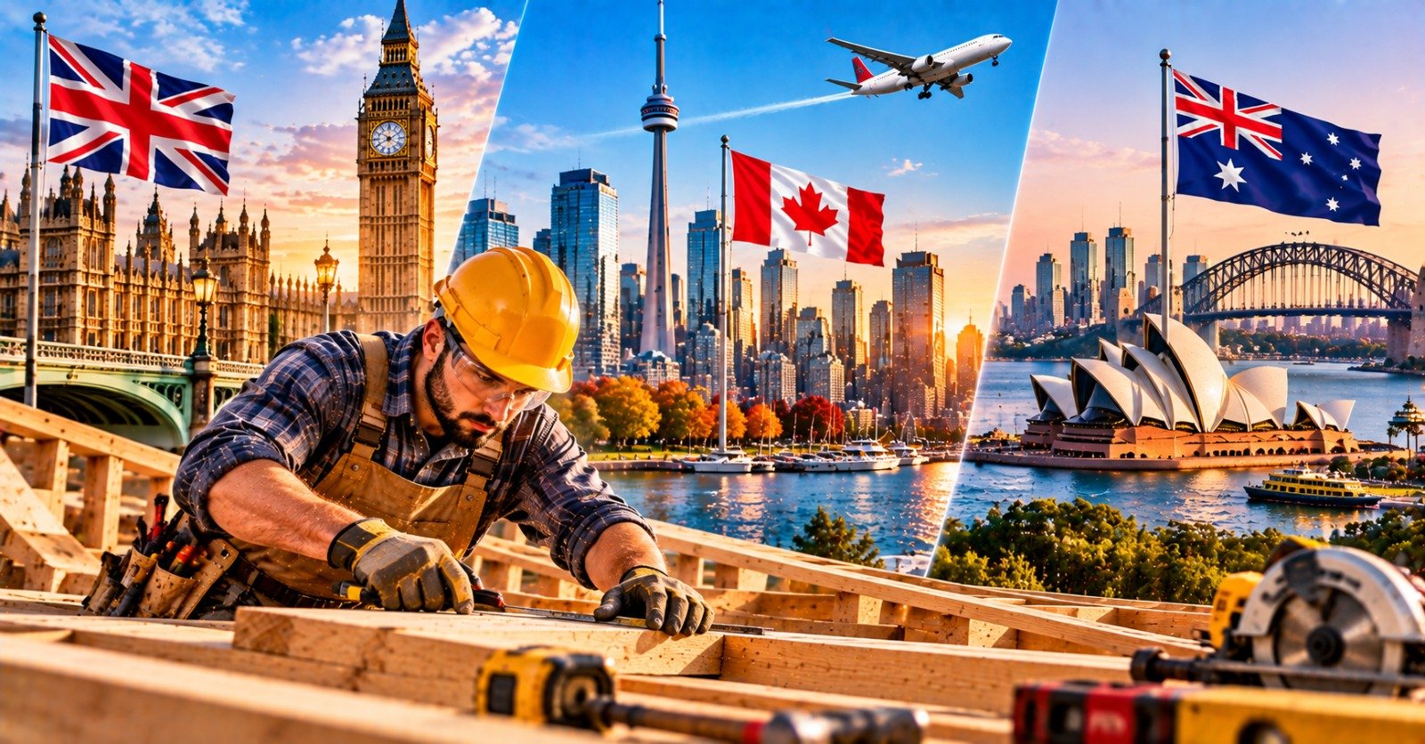 A carpenter in a yellow hard hat and checked shirt marking timber framing, with the Westminster skyline, the CN Tower and the Sydney Harbour Bridge in three panels behind