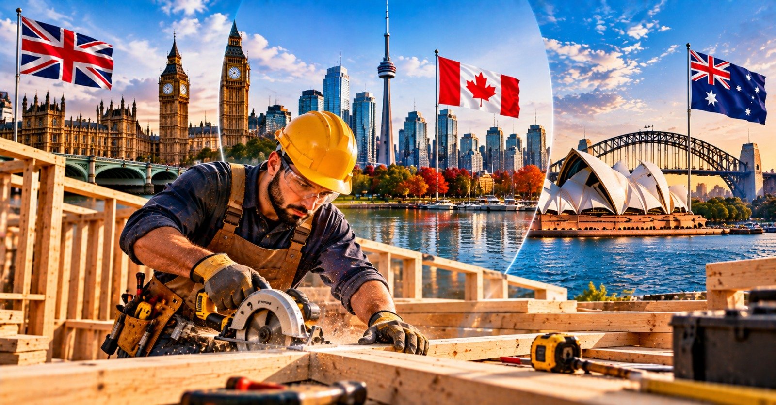 A carpenter in a yellow hard hat and safety glasses cutting timber with a circular saw, with the Houses of Parliament, the Toronto skyline and the Sydney Opera House behind
