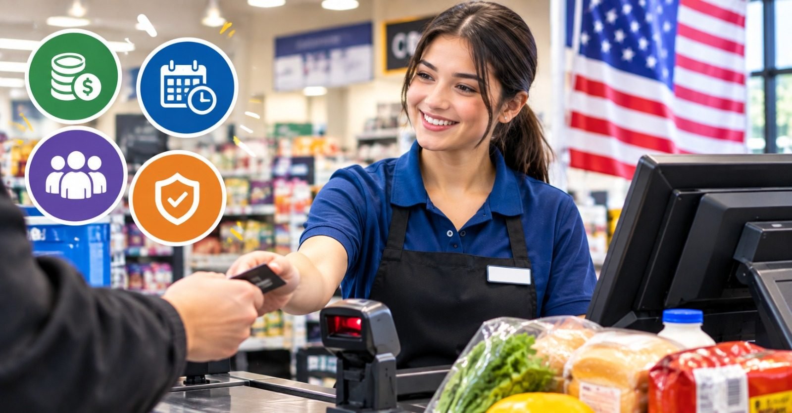 A cashier handing a card back to a customer at a grocery store checkout