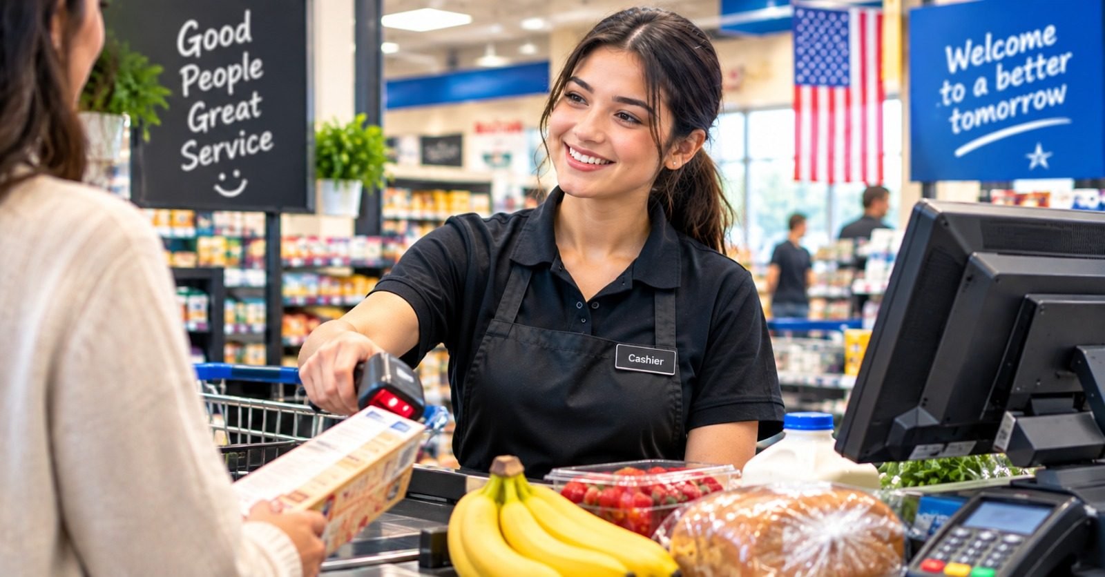 A smiling cashier scanning groceries for a customer at a supermarket register