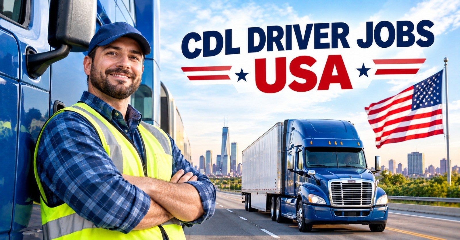 A CDL driver standing in front of a tractor-trailer on a US interstate