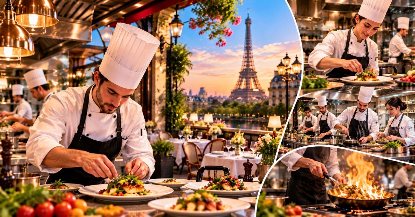 Chef in a white jacket and toque plating dishes in a Paris restaurant kitchen with the Eiffel Tower visible outside