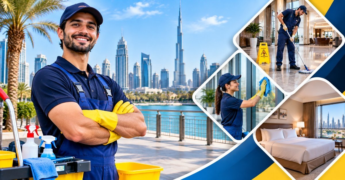 Cleaner in a navy uniform and yellow gloves with the Dubai skyline behind, alongside hotel room and office cleaning scenes