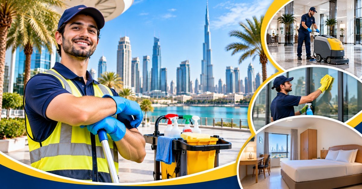Cleaner with a supplies trolley on a Dubai waterfront, with scenes of hotel rooms and floor cleaning equipment
