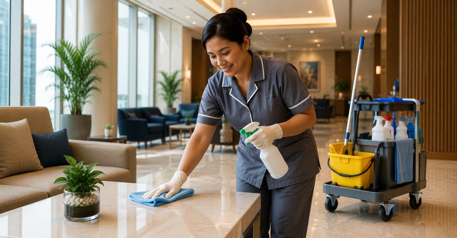 Housekeeping attendant cleaning a hotel lobby — cleaner jobs in Saudi Arabia for foreigners