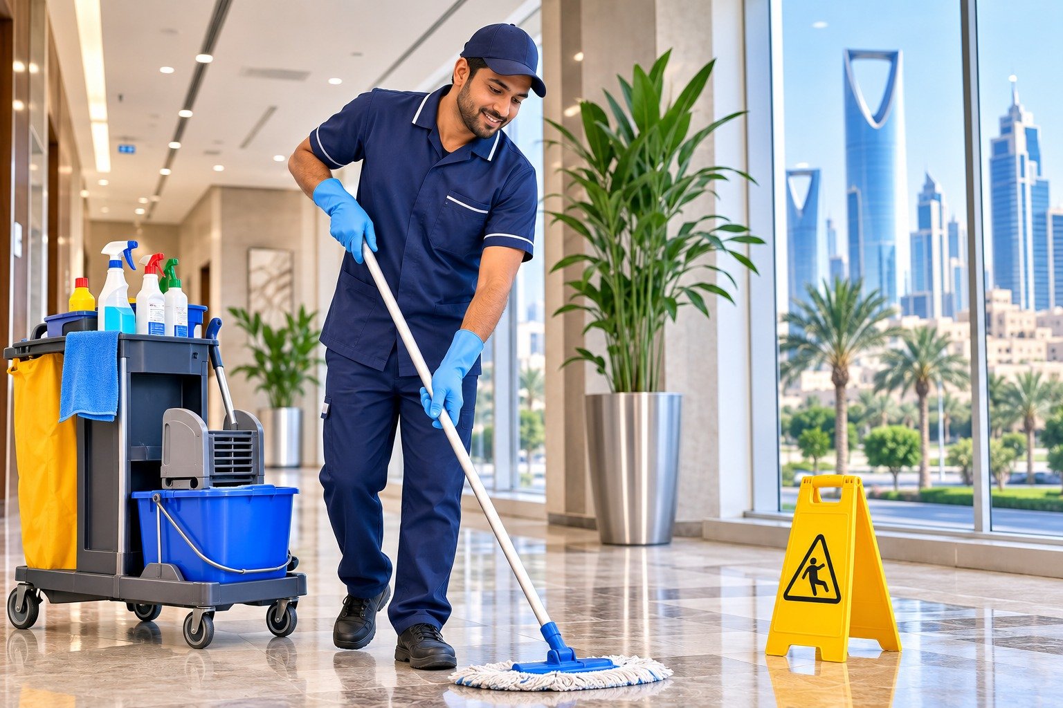 Cleaner mopping a lobby floor with the Riyadh skyline behind — cleaning jobs in Saudi Arabia with visa sponsorship