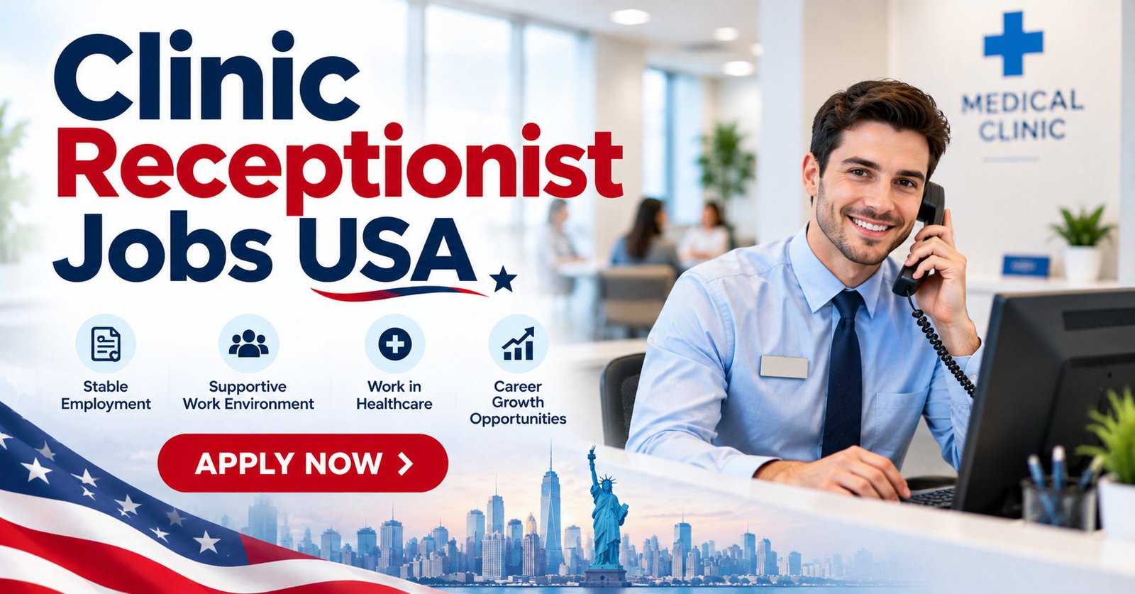 Clinic receptionist jobs USA illustration showing telephone work at a medical reception desk