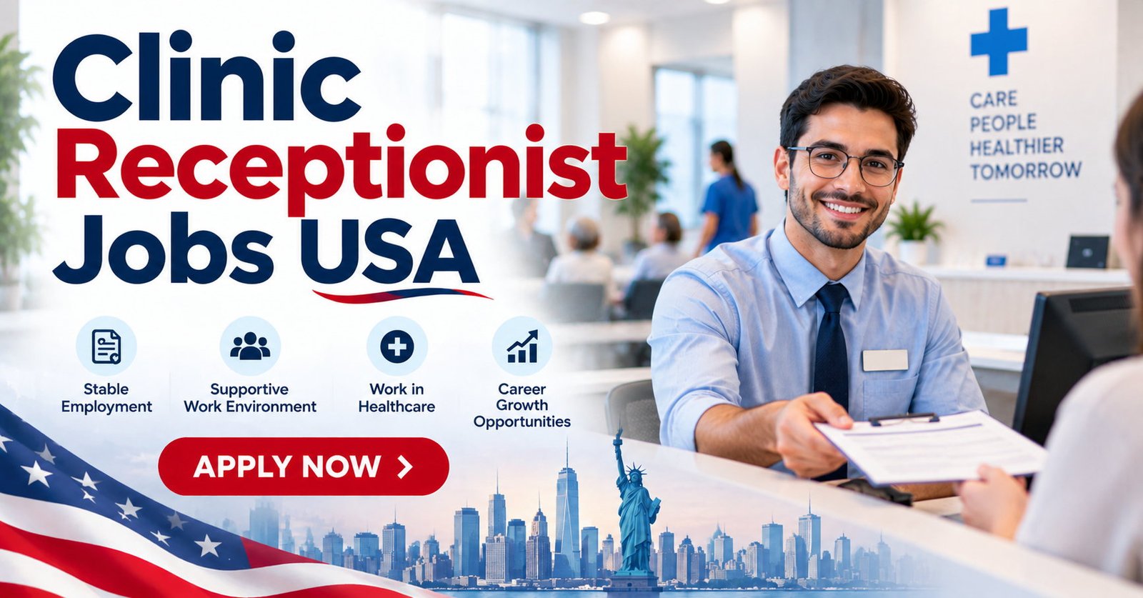 Clinic receptionist jobs USA illustration showing a front-desk worker helping a patient