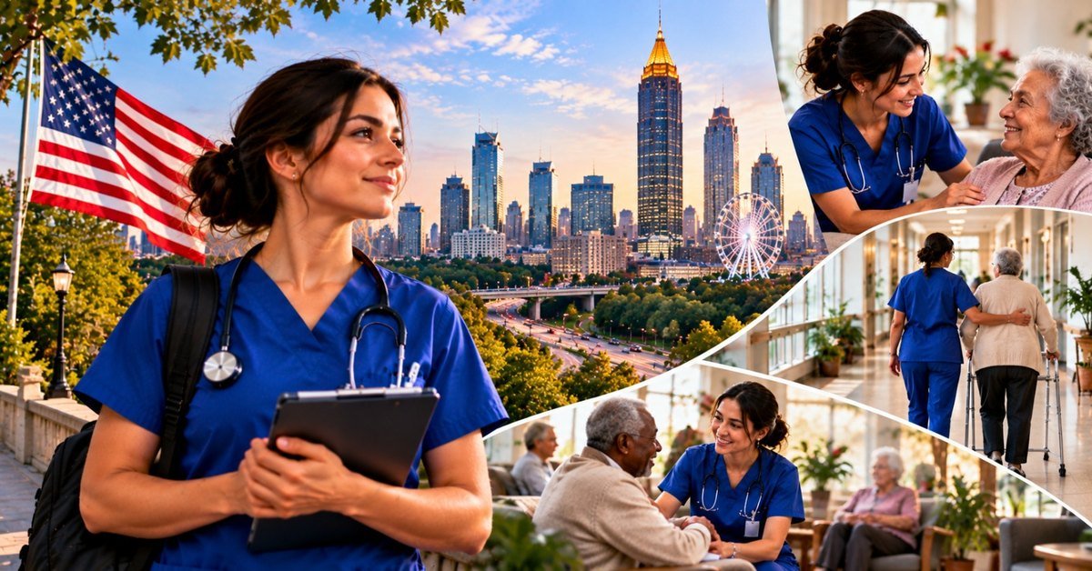 A nursing assistant in navy scrubs with an older patient, against the Atlanta skyline and scenes of care home and hospital work