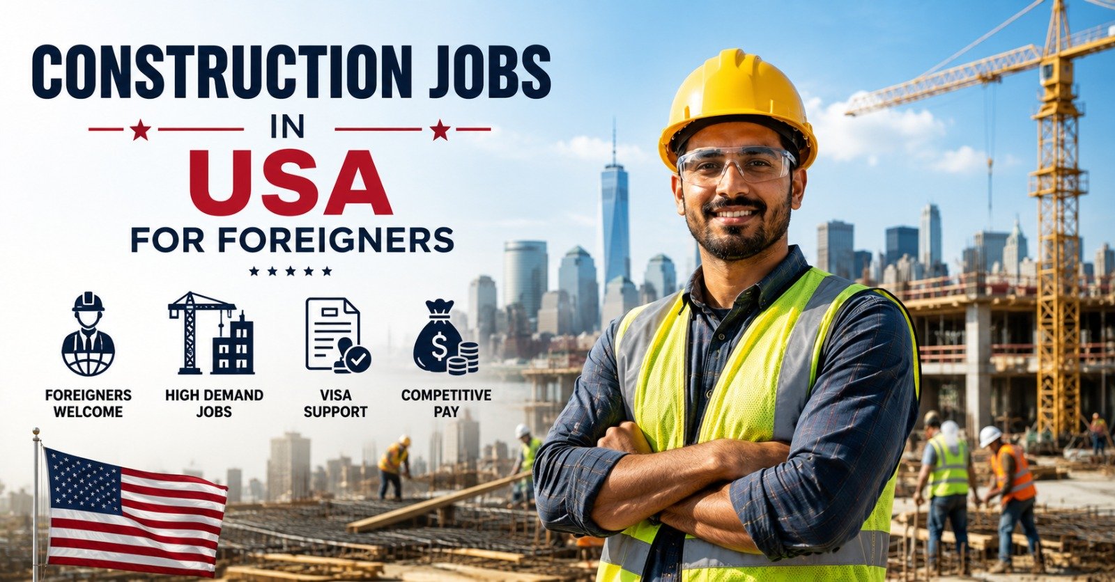 Construction worker on a U.S. building site — construction jobs in USA for foreigners with visa sponsorship