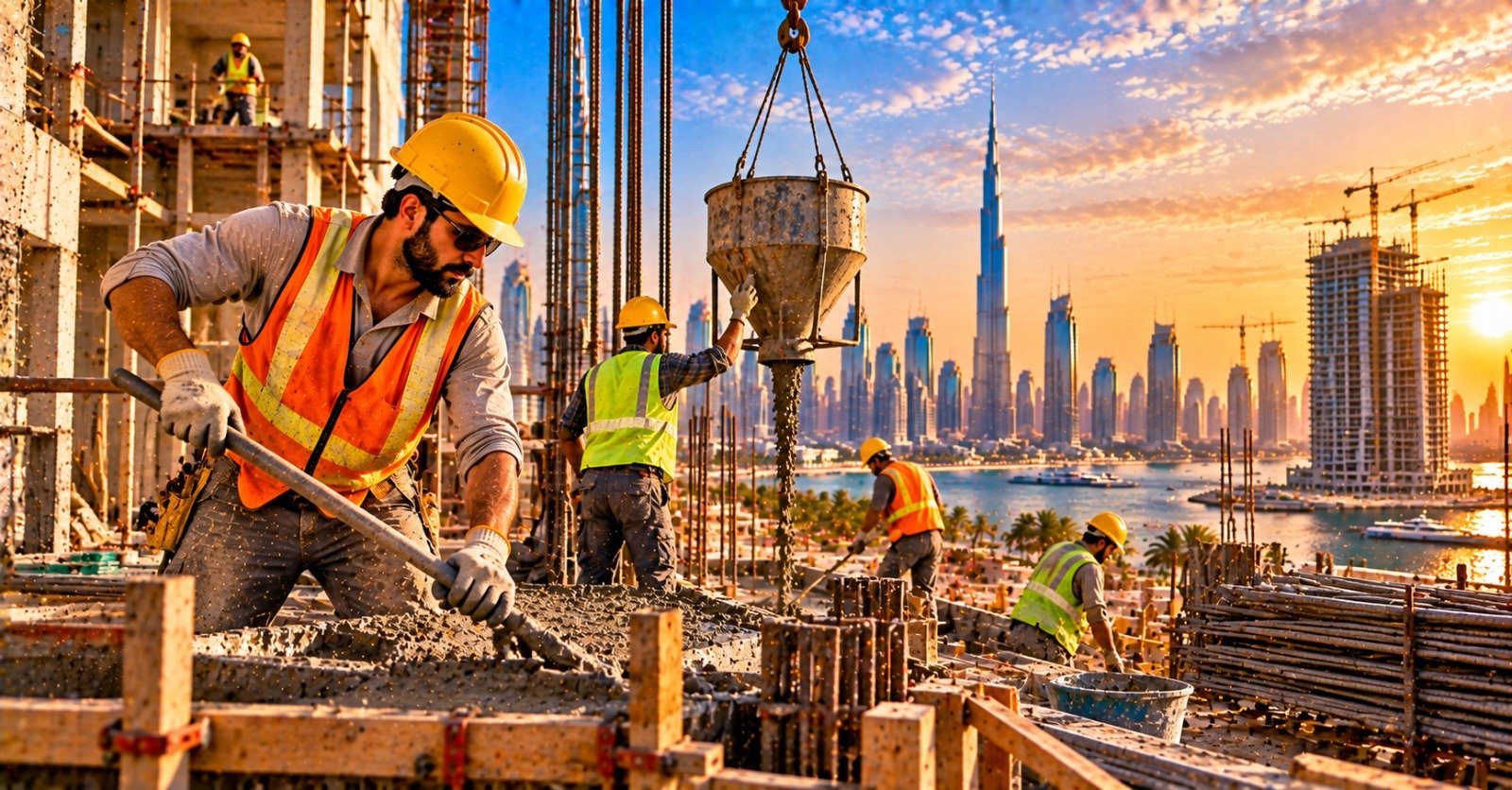 Construction labourers in hard hats and high-visibility vests pouring and levelling concrete from a crane bucket on a high-rise site, with the Dubai skyline and tower cranes at sunset