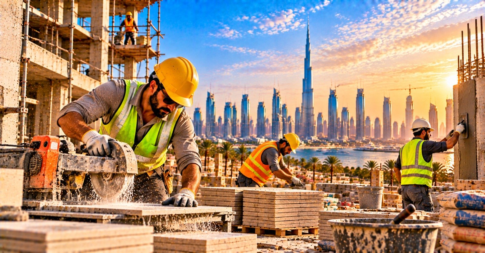 A worker in a yellow hard hat and safety glasses cutting stone tiles with a wet saw while helpers carry and fix materials around stacked pallets, with the Dubai skyline behind