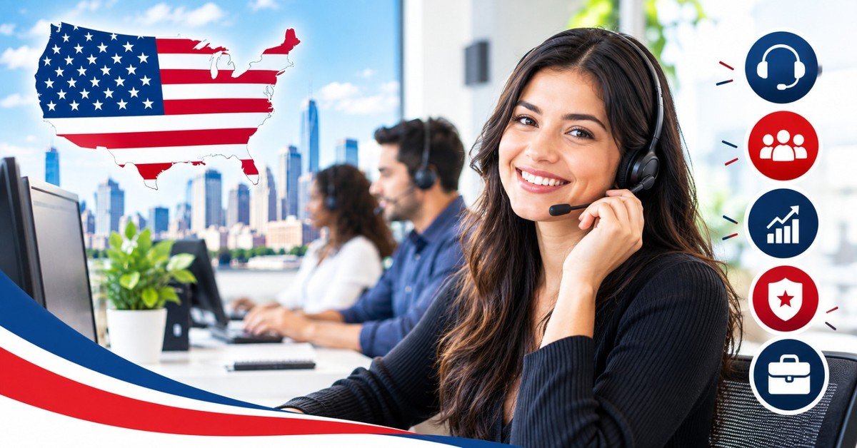 A smiling customer service agent wearing a headset at a computer with a US map graphic behind her, beside a Customer Service Jobs in USA banner