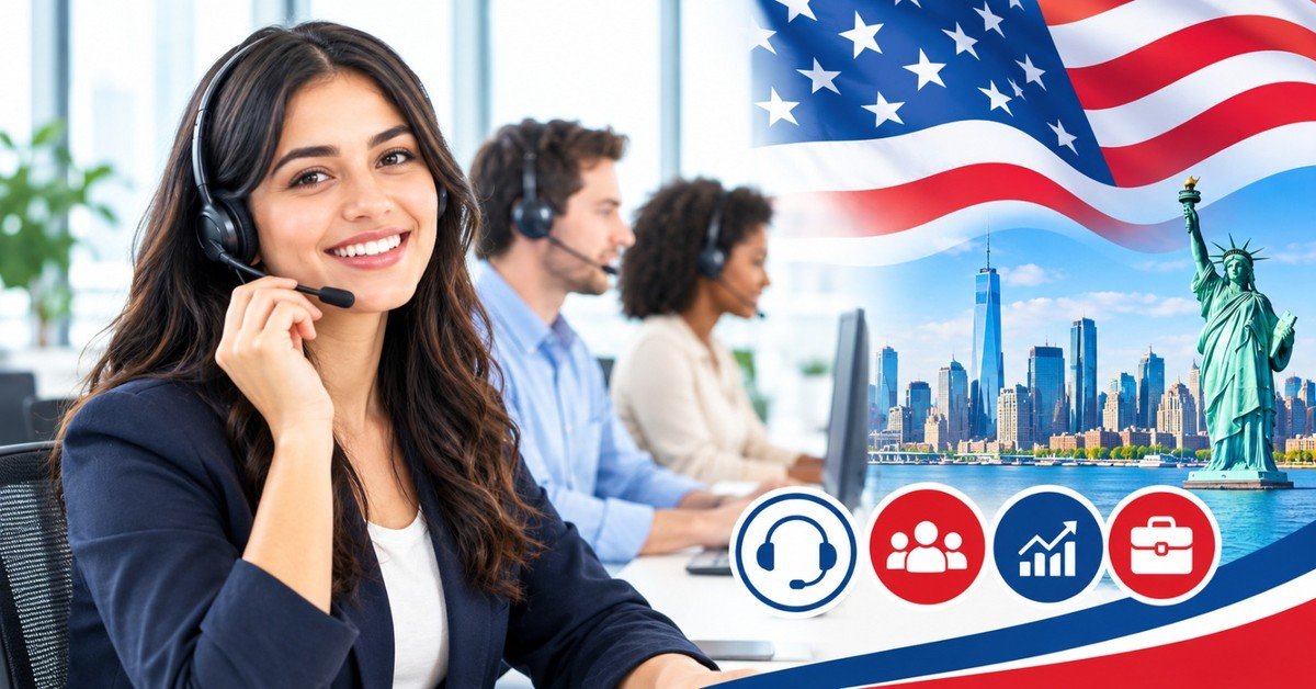 A customer service team wearing headsets at their workstations in a bright US call center, beside a Customer Service Jobs in USA banner