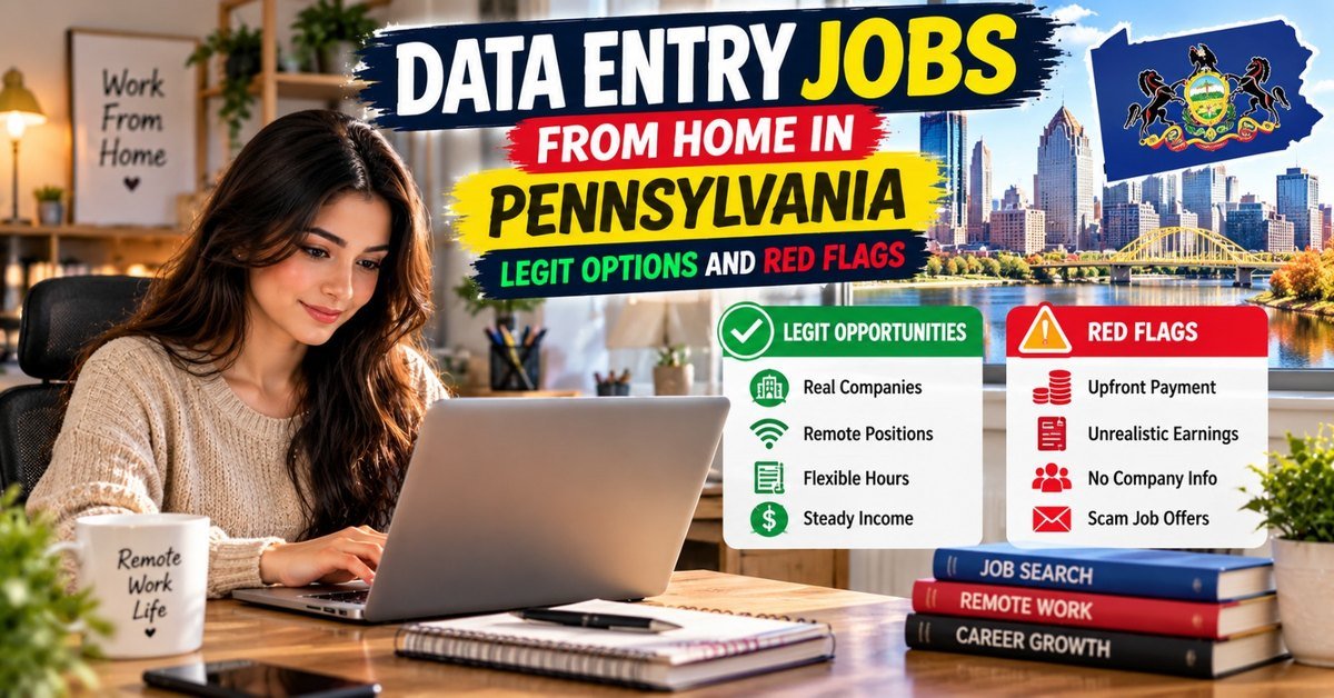 A woman working on a laptop at home with a Pennsylvania outline behind her, beside a list of legitimate signs and red flags such as upfront payment and no company information