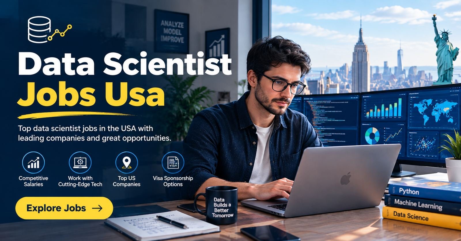 A data scientist working with charts and analytics dashboards on a laptop