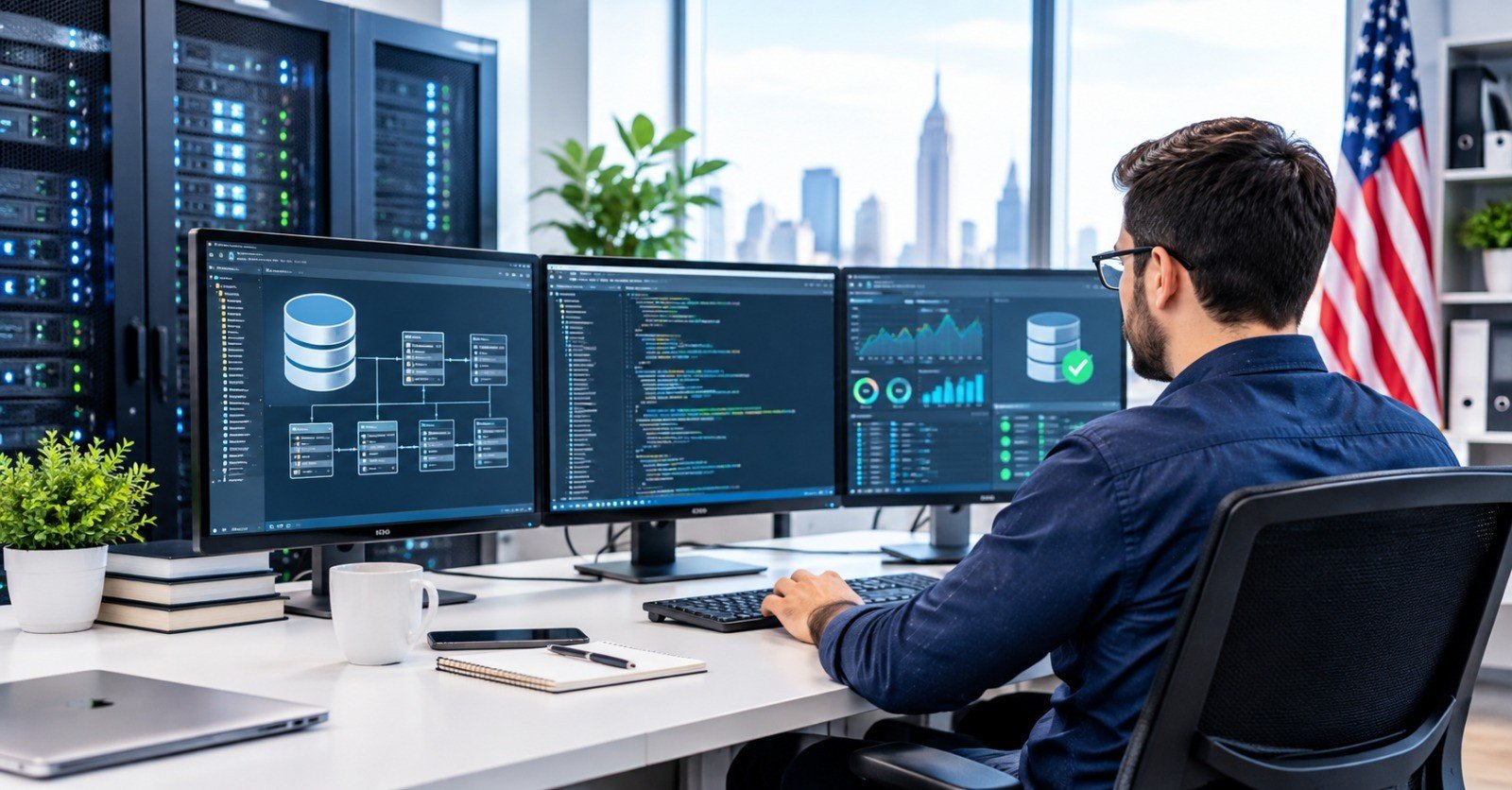 A database administrator watching performance dashboards and server racks from a three-monitor workstation