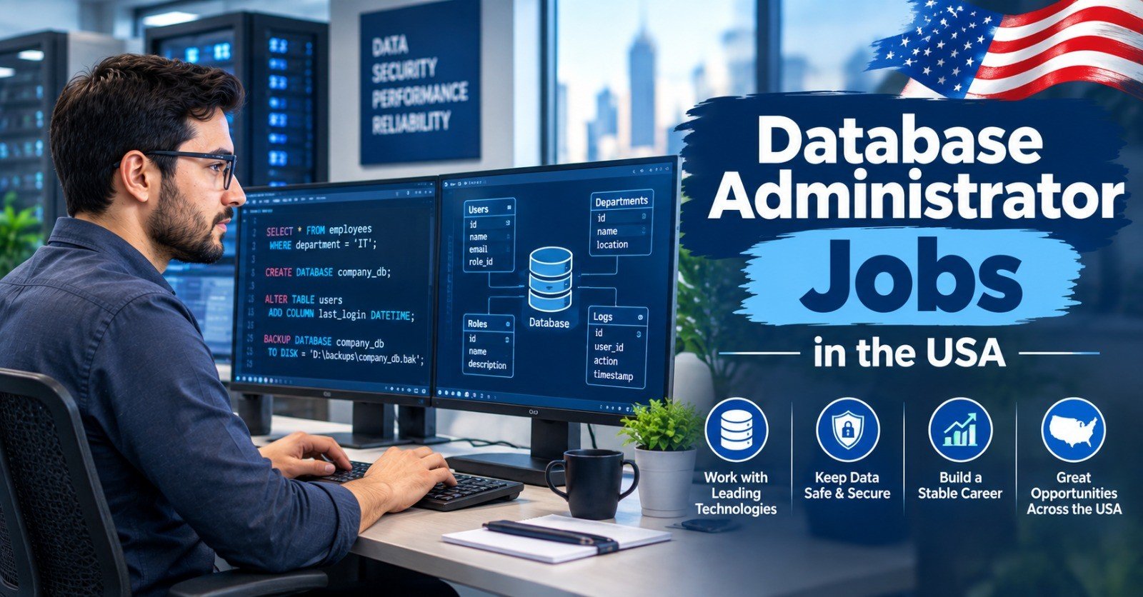 A database administrator reviewing a SQL query and a database schema diagram on two monitors in a US office