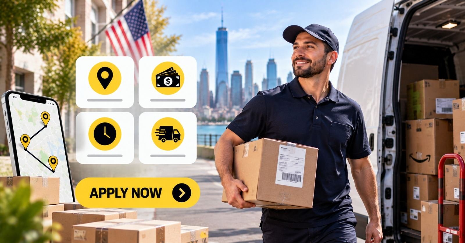 A delivery driver holding a package beside a van with a route map on a phone