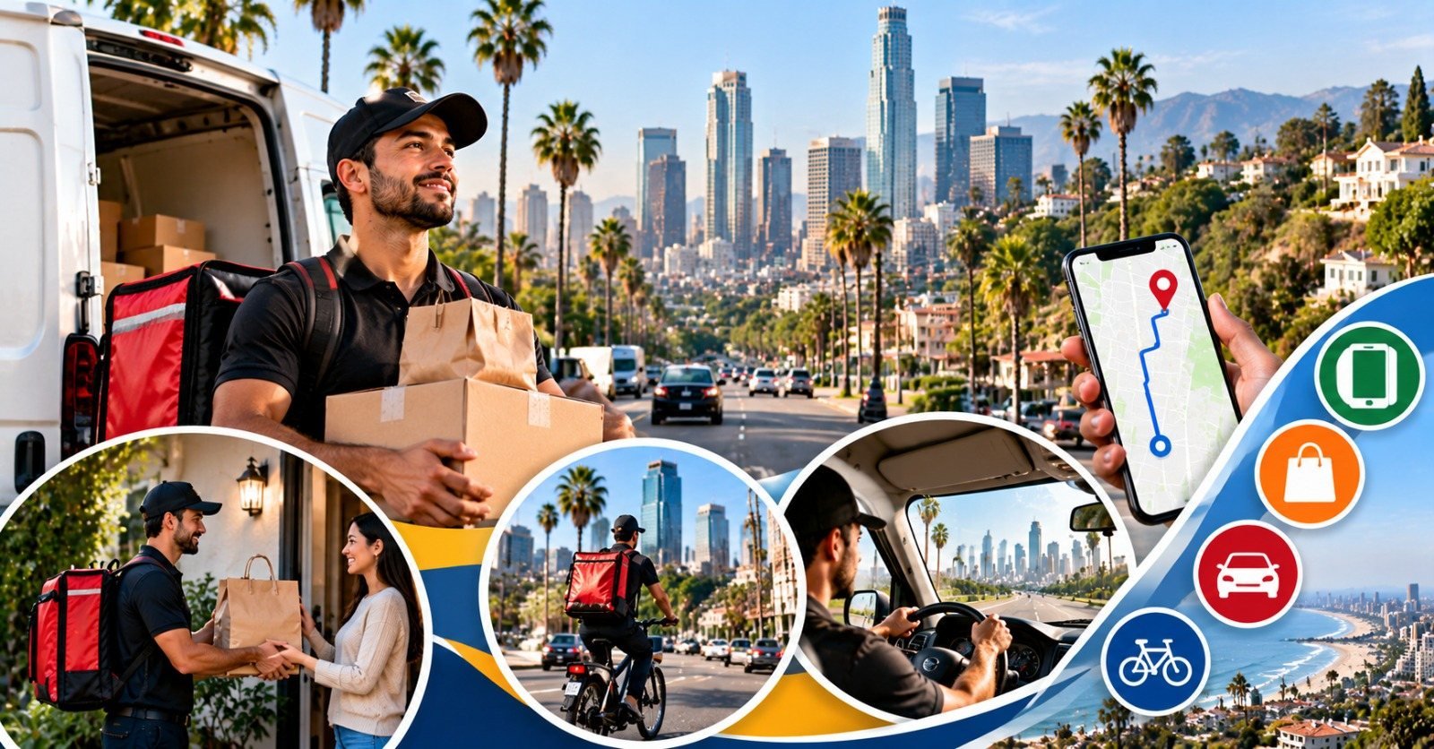 Delivery driver carrying a parcel from a van in Los Angeles, with bike and phone-app delivery scenes around him