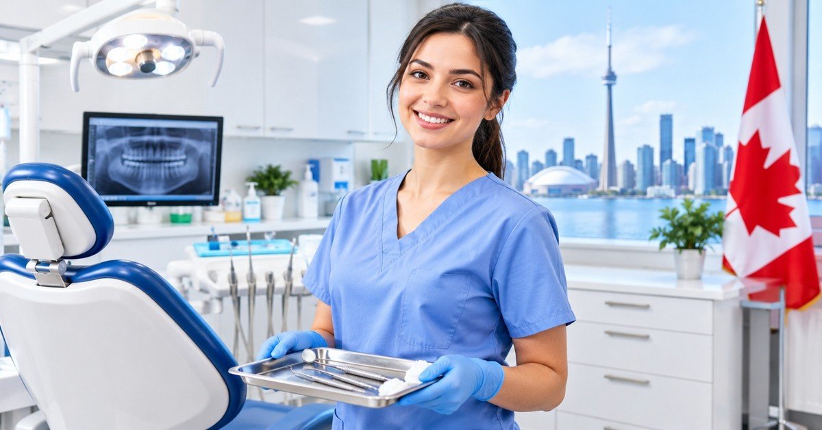 A dental assistant in light blue scrubs holding a tray of dental instruments in a bright clinic, with the Toronto skyline, the CN Tower and a Canadian flag by the window