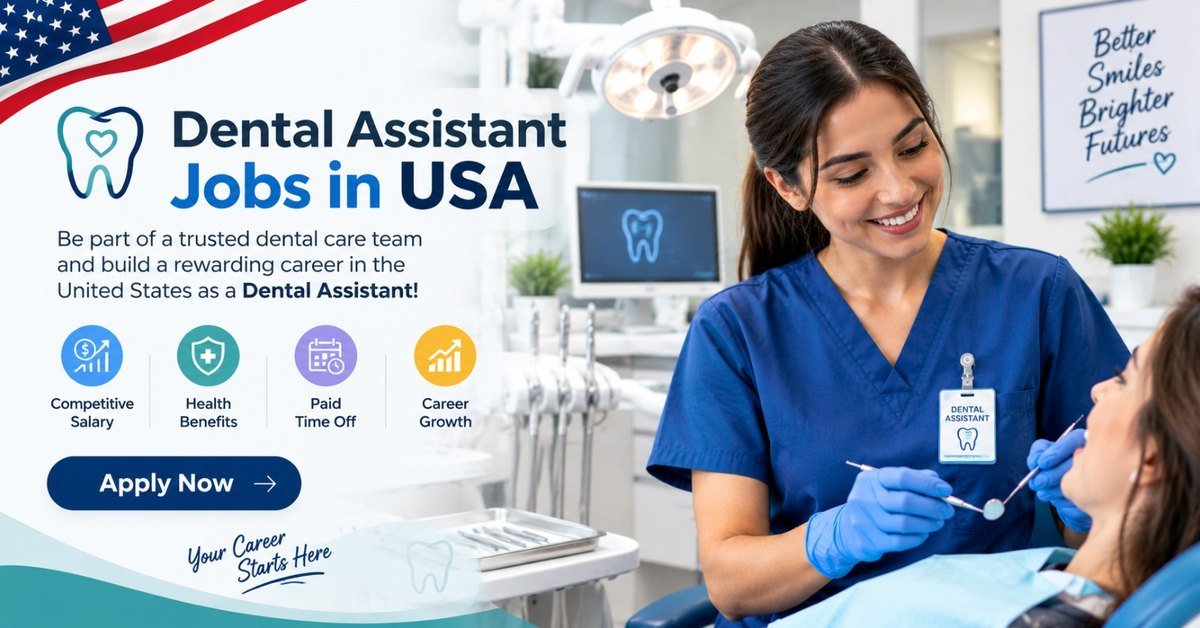 A dental assistant wearing a DENTAL ASSISTANT name badge examining a patient with a mirror and explorer in a bright American dental practice