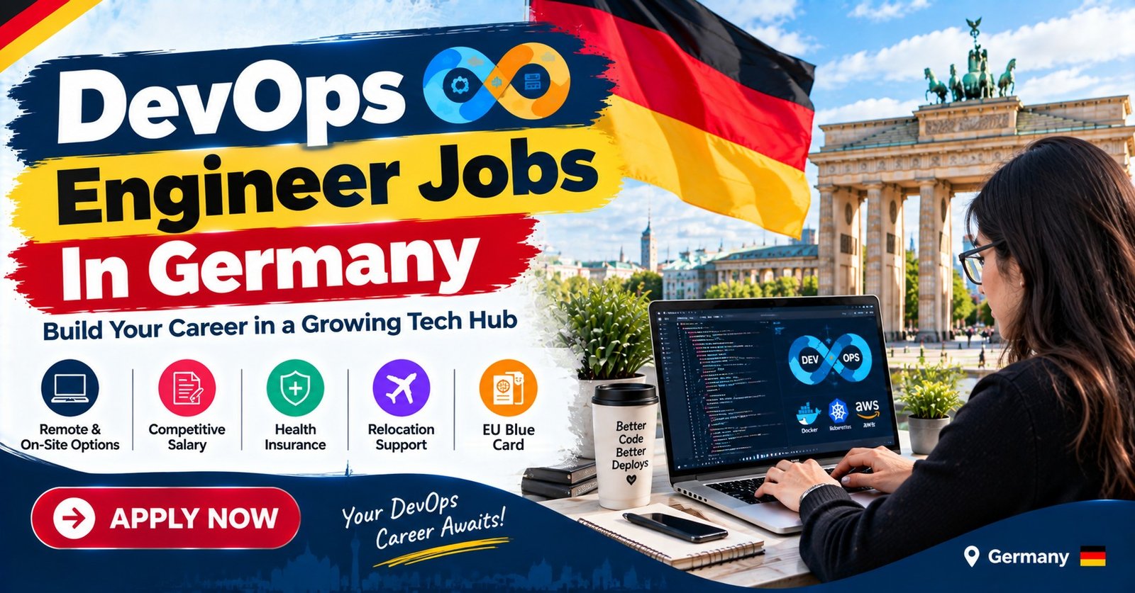 A DevOps engineer working on a laptop near the Brandenburg Gate in Berlin