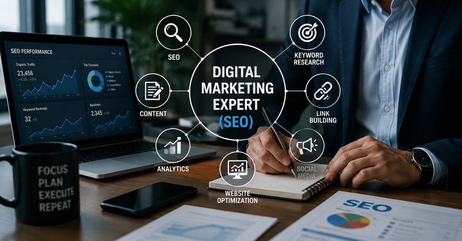 SEO specialist reviewing organic traffic, keyword rankings and backlink dashboards — Digital Marketing Expert SEO job at Urban Solar, remote Pakistan