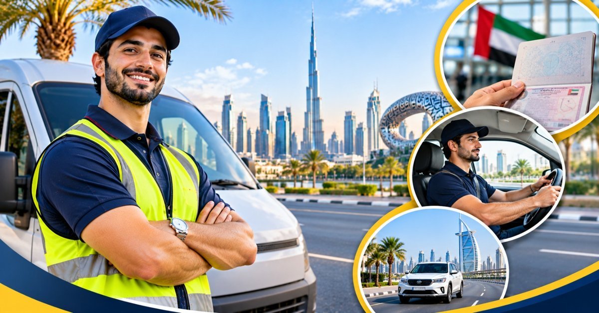 Driver in a high-visibility vest beside a white van with the Dubai skyline behind, with passport and vehicle scenes