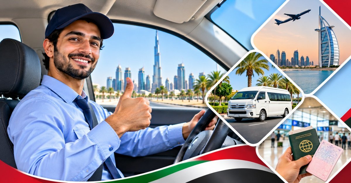 Driver in a blue shirt giving a thumbs up from behind the wheel in Dubai, with an aircraft, a van and a passport in smaller scenes