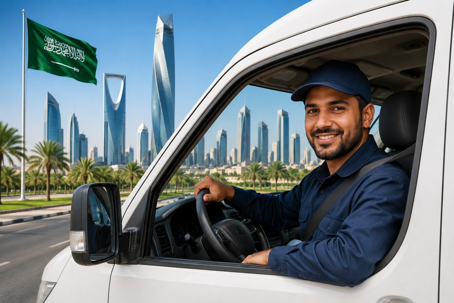 Foreign driver at the wheel of a company van in front of the Riyadh skyline — driver jobs in Saudi Arabia for foreigners