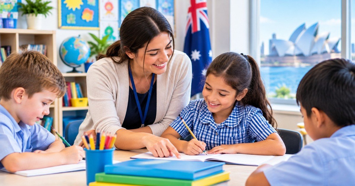 An education assistant helping primary school students with their writing in an Australian classroom
