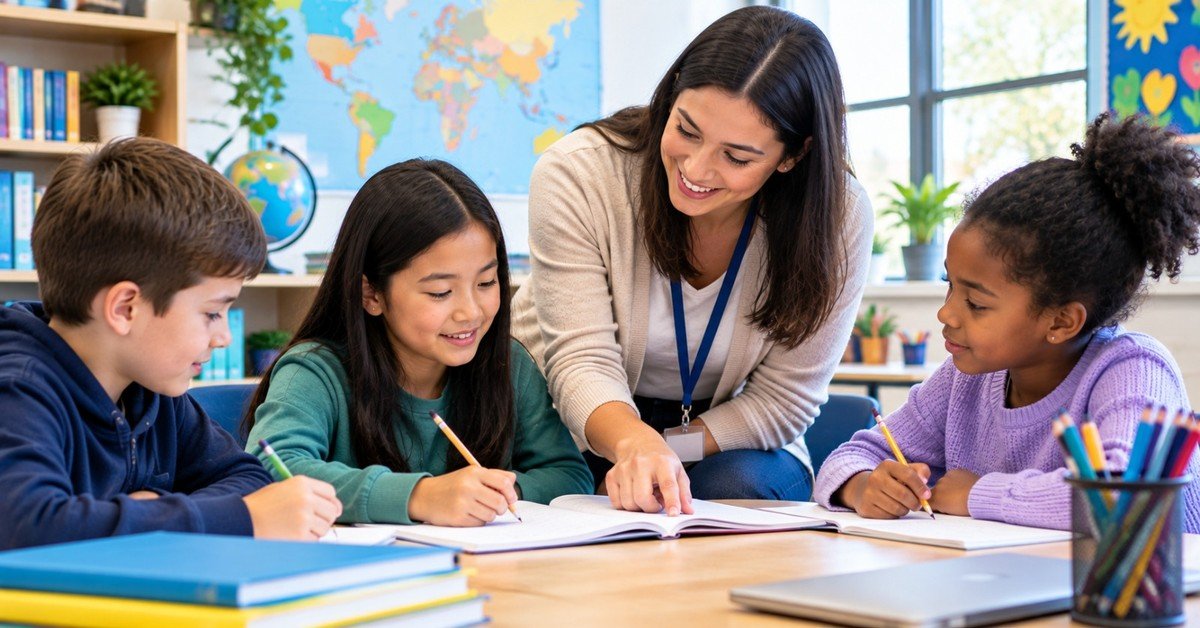 An education assistant guiding a small group of students through a reading task at a classroom table